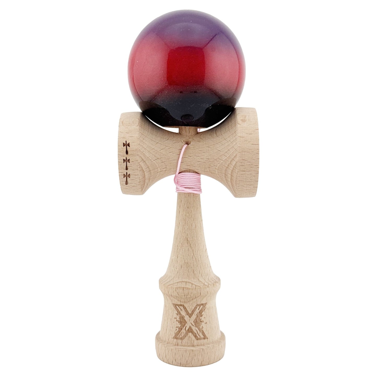 Kendama X Originala, Profesionala, Klevo, Big Cups V2, Super Sticky Cupe Mari, Rulment Metalic cu Ata 55 cm, Mov/Rosu/Negru