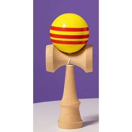 Kendama X Originala, Profesionala, Klevo, Big Cups V2, Super Sticky Legendary Cupe Mari, Rulment Metalic cu Ata 55 cm, Galben/Linii Rosii
