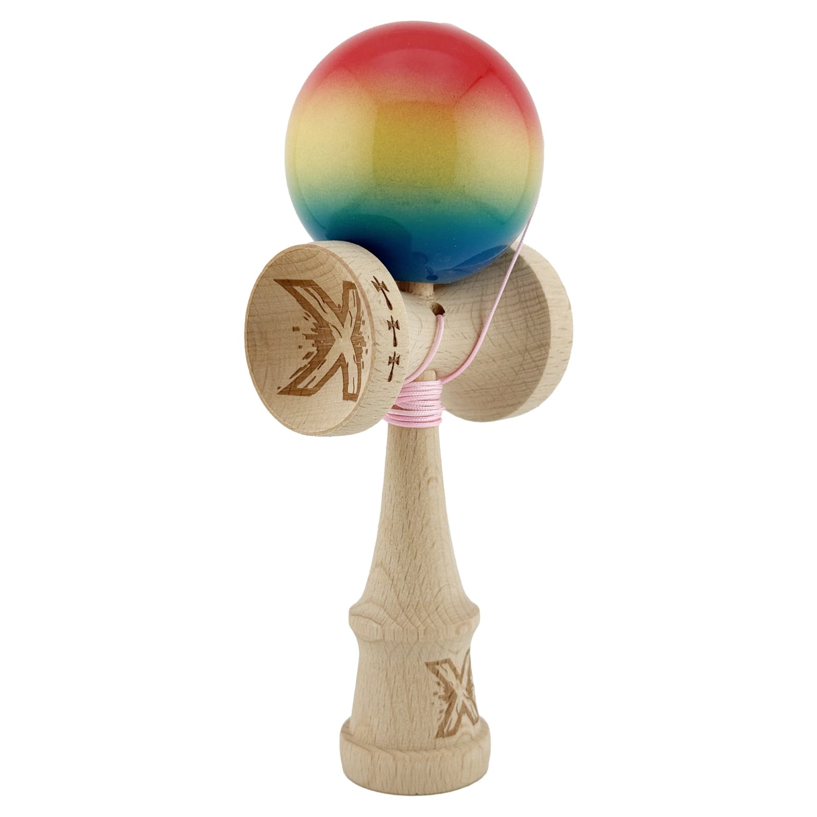 Kendama X Originala, Profesionala, Klevo, Big Cups V2, Super Sticky Cupe Mari, Rulment Metalic cu Ata 55 cm, Rosu/Galben/Albastru