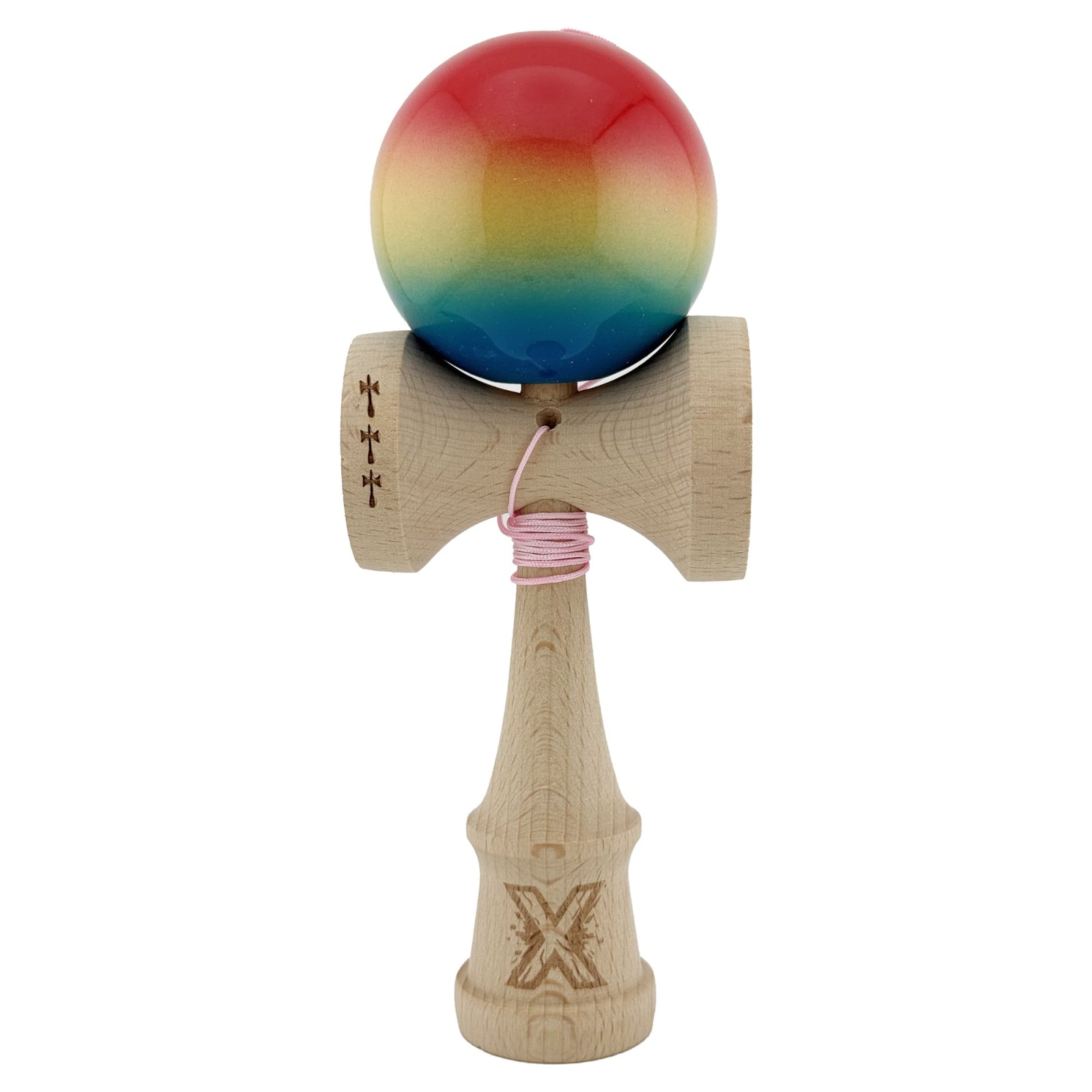 Kendama X Originala, Profesionala, Klevo, Big Cups V2, Super Sticky Cupe Mari, Rulment Metalic cu Ata 55 cm, Rosu/Galben/Albastru