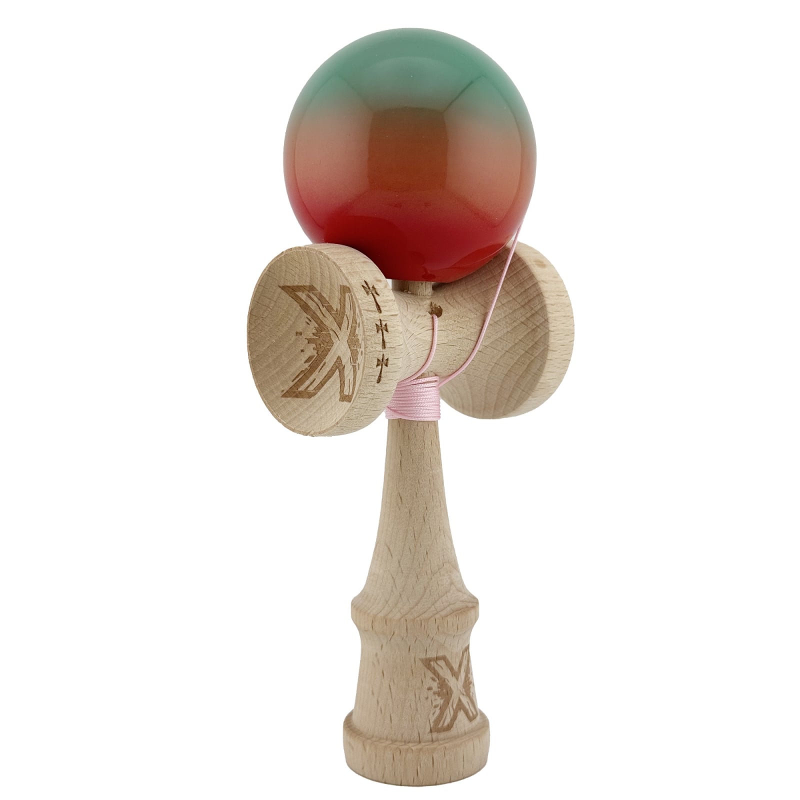 Kendama X Originala, Profesionala, Klevo, Big Cups V2, Super Sticky Cupe Mari, Rulment Metalic cu Ata 55 cm, Rosu/Verde