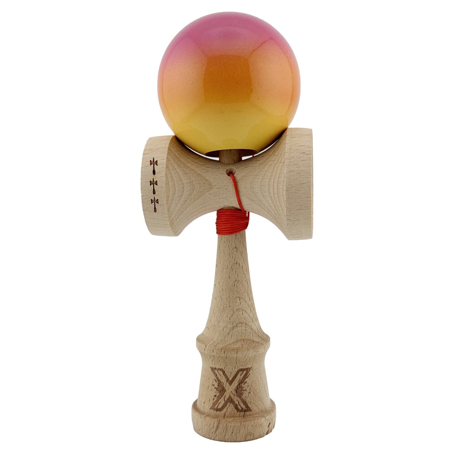 Kendama X Originala, Profesionala, Klevo, Big Cups V2, Super Sticky Cupe Mari, Rulment Metalic cu Ata 55 cm, Roz/Portocaliu/Galben