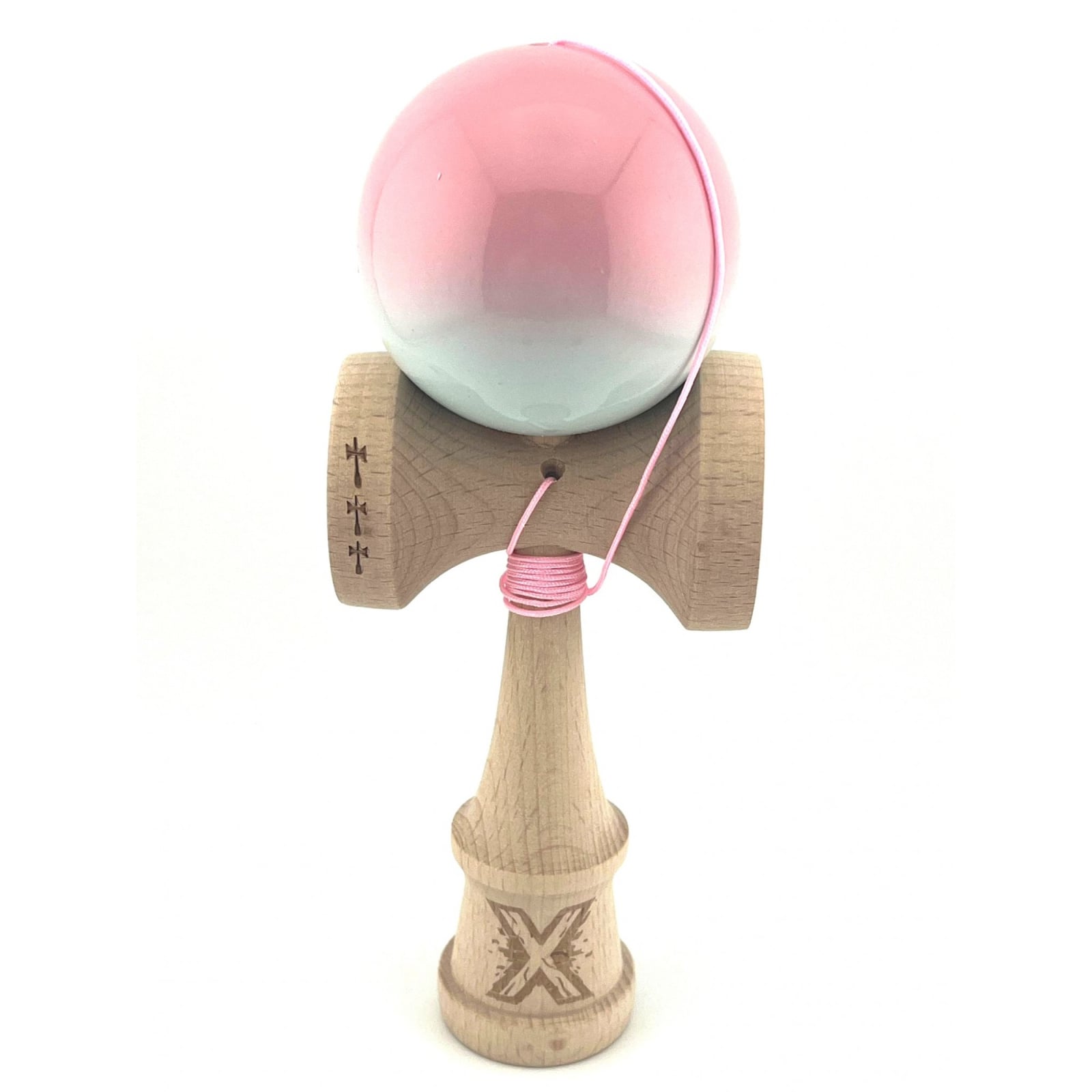 Kendama X Originala, Profesionala, Klevo, Big Cups V2, Super Sticky cu Cupe Mari, din lemn 18 cm, Rulment Metalic cu Ata 55 cm, Roz/Albastru deschis