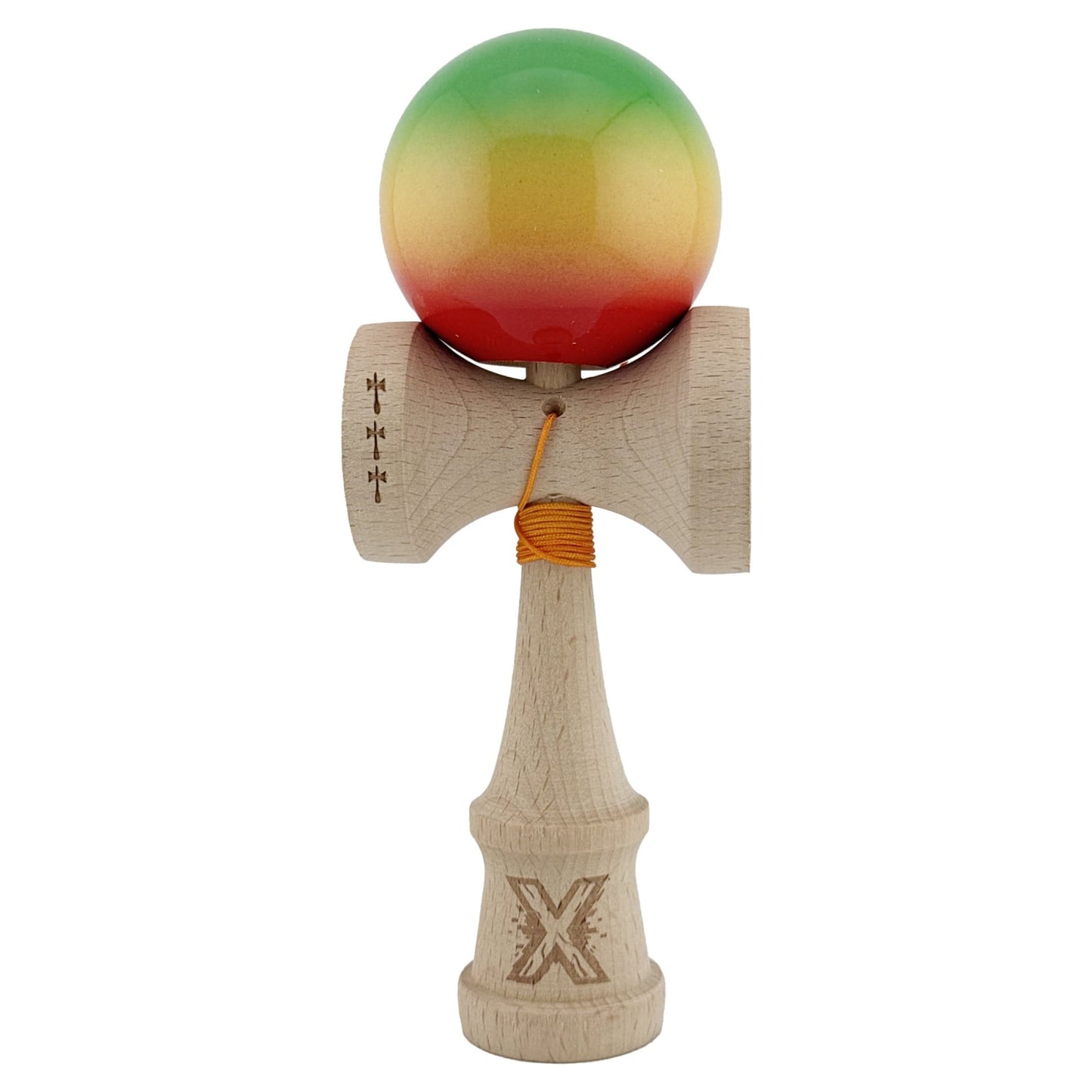 Kendama X Originala, Profesionala, Klevo, Big Cups V2, Super Sticky Cupe Mari, Rulment Metalic cu Ata 55 cm, Verde/Galben/Rosu