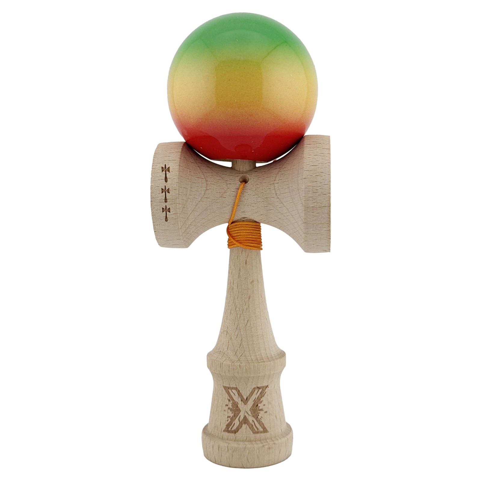 Kendama X Originala, Profesionala, Klevo, Big Cups V2, Super Sticky Cupe Mari, Rulment Metalic cu Ata 55 cm, Verde/Galben/Rosu