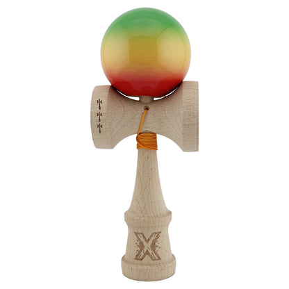 Kendama X Originala, Profesionala, Klevo, Big Cups V2, Super Sticky Cupe Mari, Rulment Metalic cu Ata 55 cm, Verde/Galben/Rosu