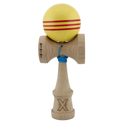 Kendama X Originala, Profesionala, Klevo, Big Cups V2, Super Sticky Legendary Cupe Mari, Rulment Metalic cu Ata 55 cm, Galben/Linii Rosii
