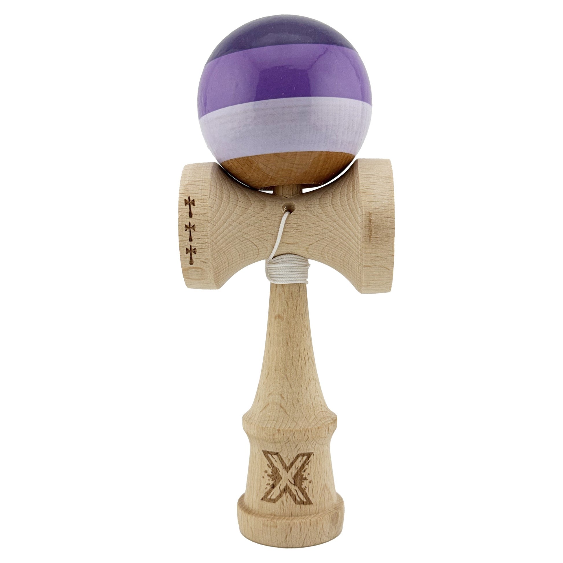 Kendama X Originala, Profesionala, Klevo, Big Cups V2, Super Sticky Legendary Cupe Mari, Rulment Metalic cu Ata 55 cm, Purpuriu/Mov/Lila