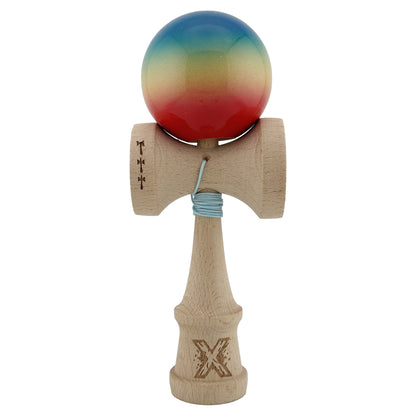 Kendama X Originala, Profesionala, Klevo, Big Cups V2, Super Sticky Cupe Mari, Rulment Metalic cu Ata 55 cm, Rosu/Galben/Albastru
