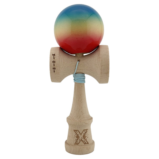Kendama X Originala, Profesionala, Klevo, Big Cups V2, Super Sticky Cupe Mari, Rulment Metalic cu Ata 55 cm, Rosu/Galben/Albastru