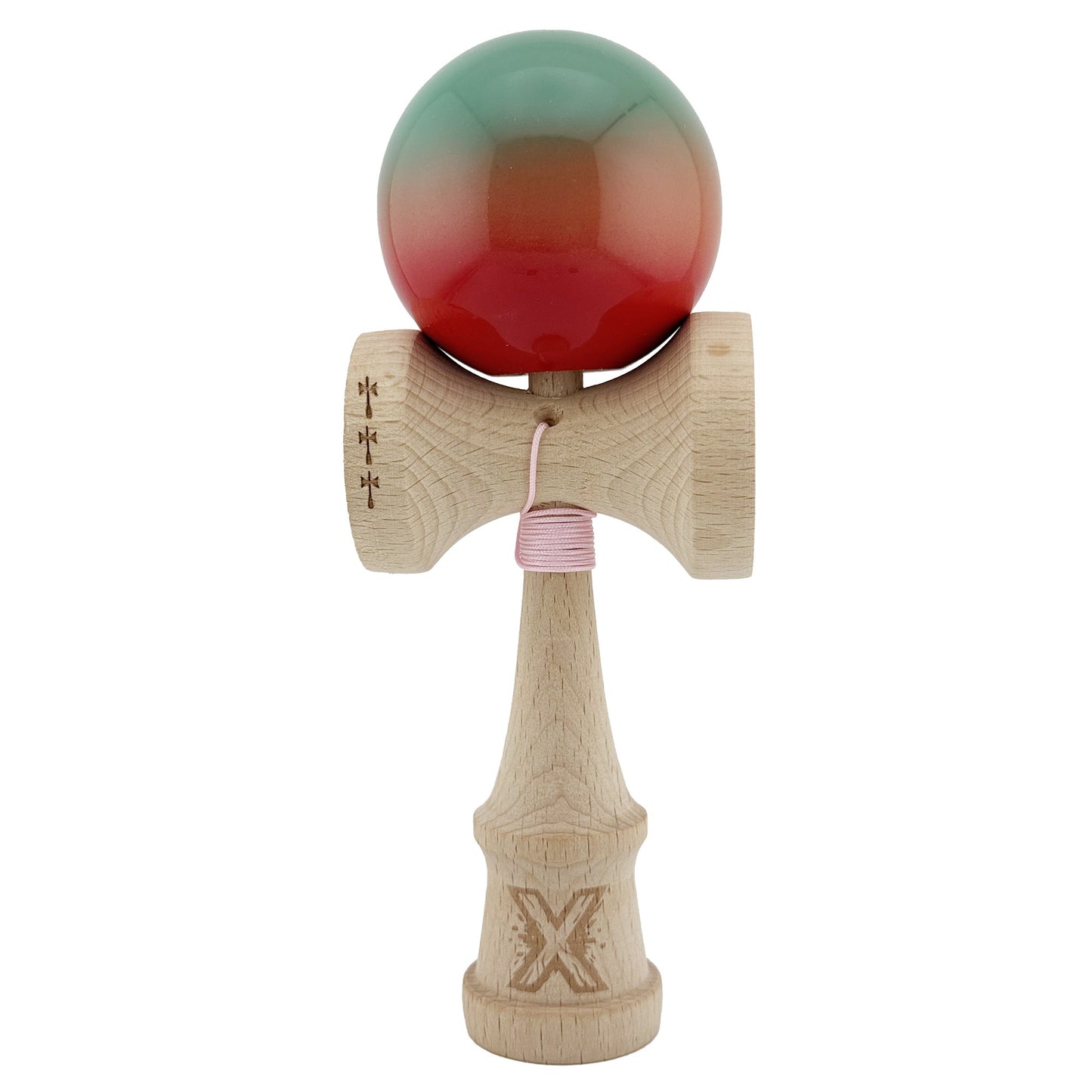 Kendama X Originala, Profesionala, Klevo, Big Cups V2, Super Sticky Cupe Mari, Rulment Metalic cu Ata 55 cm, Rosu/Verde