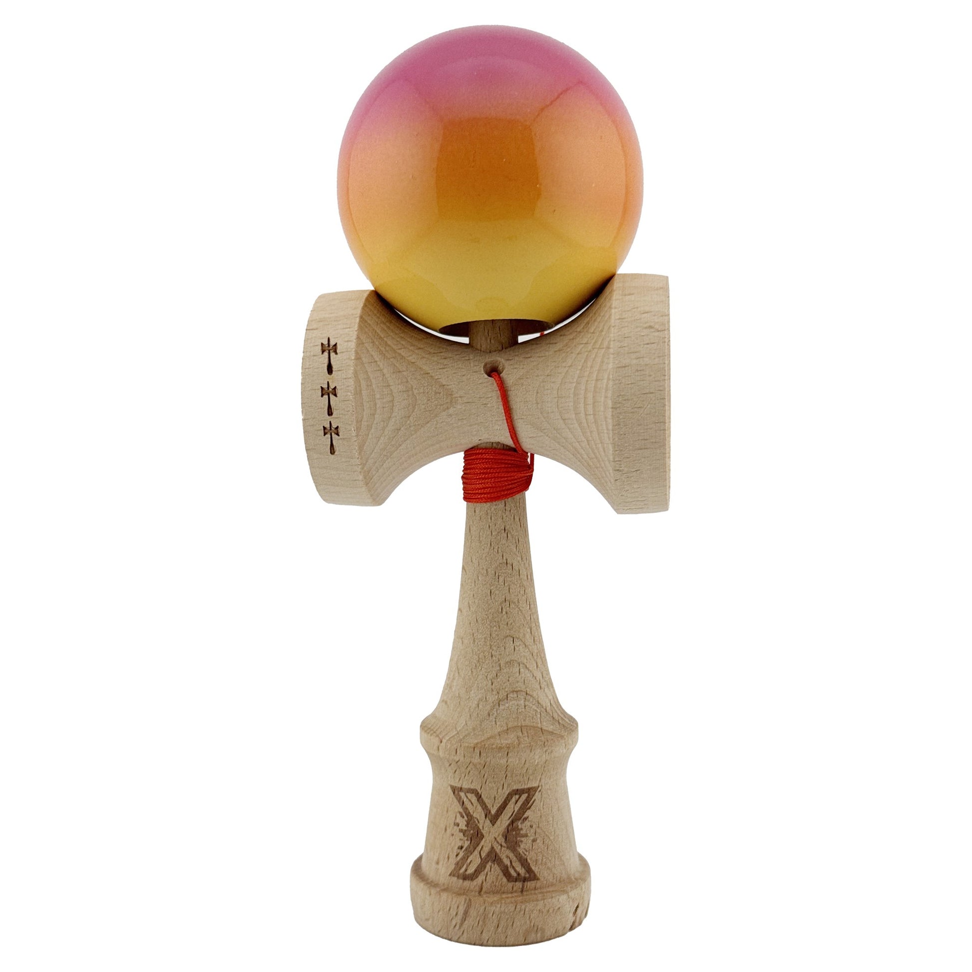 Kendama X Originala, Profesionala, Klevo, Big Cups V2, Super Sticky Cupe Mari, Rulment Metalic cu Ata 55 cm, Roz/Portocaliu/Galben