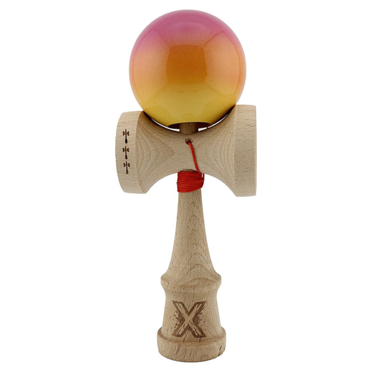 Kendama X Originala, Profesionala, Klevo, Big Cups V2, Super Sticky Cupe Mari, Rulment Metalic cu Ata 55 cm, Roz/Portocaliu/Galben