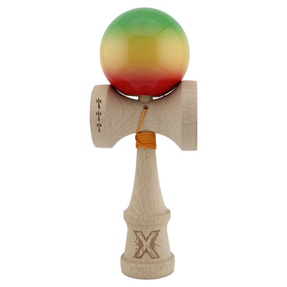 Kendama X Originala, Profesionala, Klevo, Big Cups V2, Super Sticky Cupe Mari, Rulment Metalic cu Ata 55 cm, Verde/Galben/Rosu