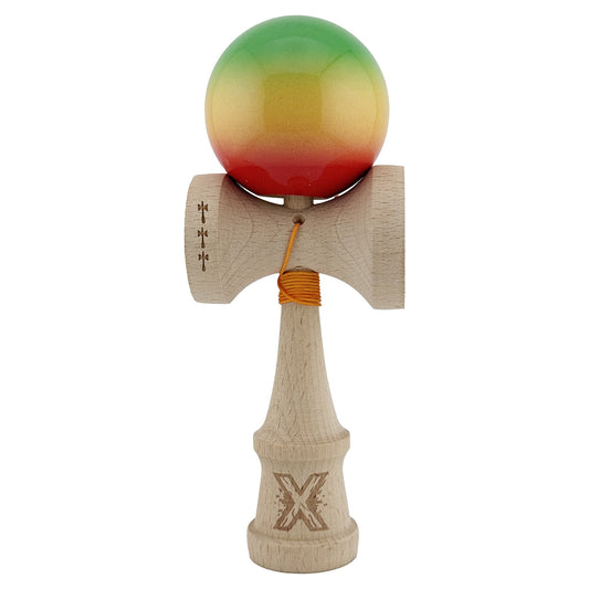 Kendama X Originala, Profesionala, Klevo, Big Cups V2, Super Sticky Cupe Mari, Rulment Metalic cu Ata 55 cm, Verde/Galben/Rosu
