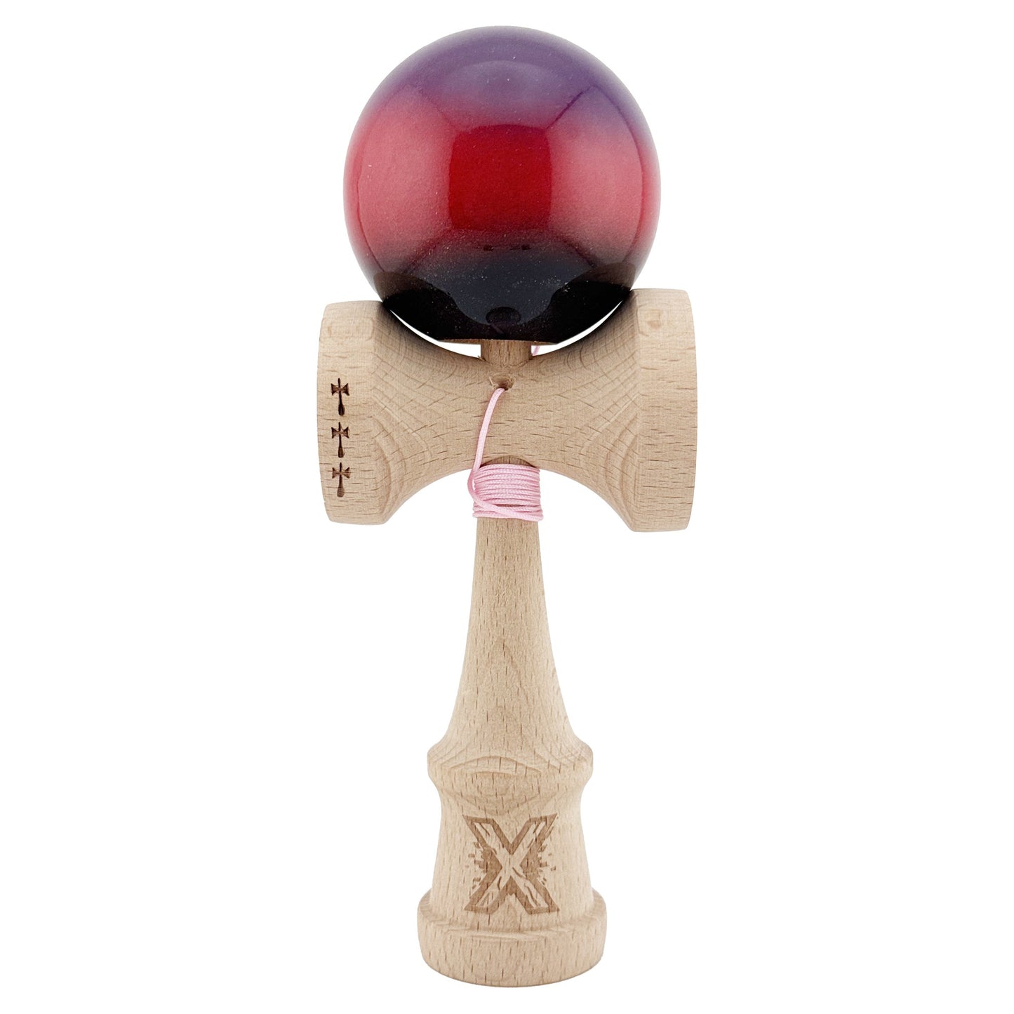 Kendama X Originala, Profesionala, Klevo, Big Cups V2, Super Sticky Cupe Mari, Rulment Metalic cu Ata 55 cm, Mov/Rosu/Negru