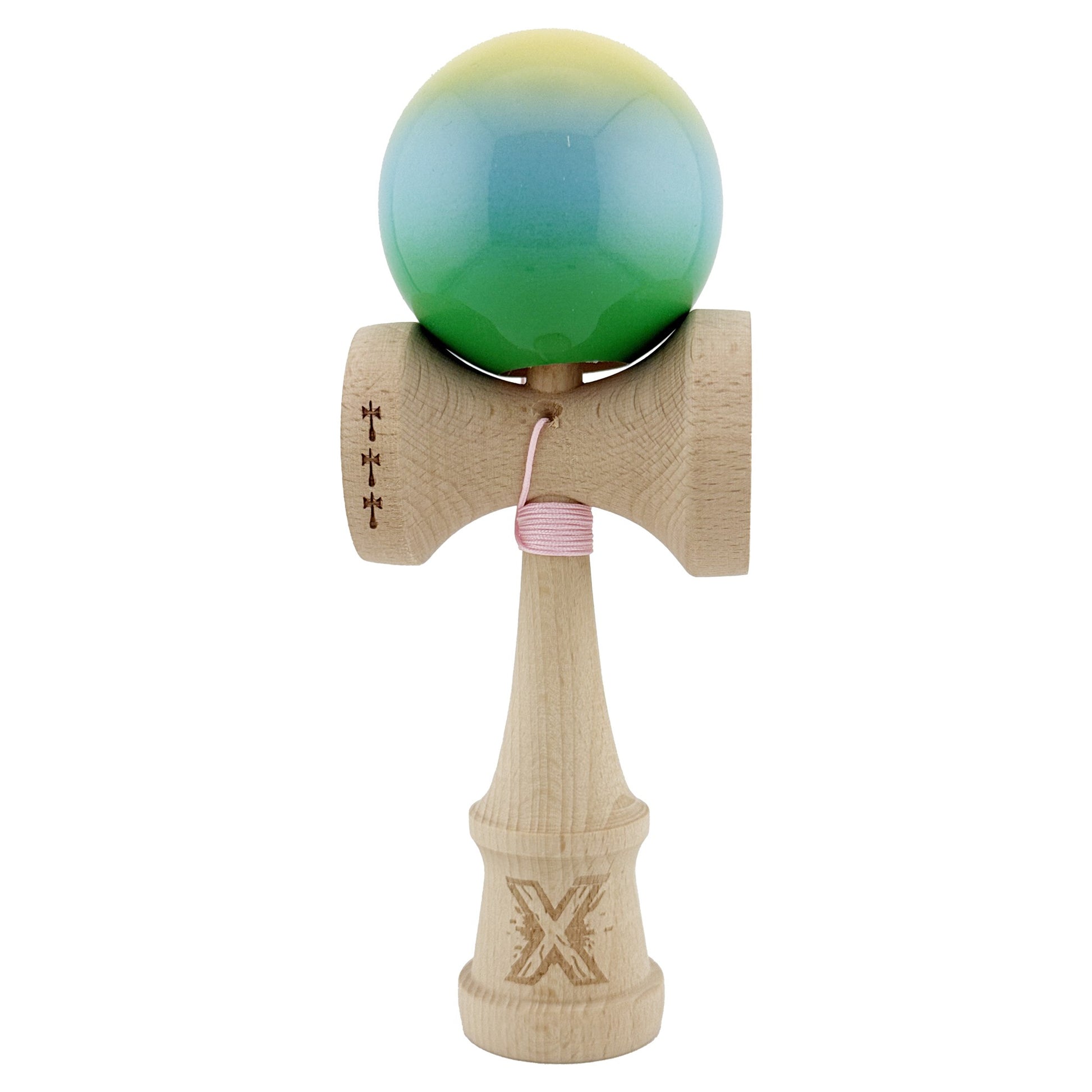 Kendama X Originala, Profesionala, Klevo, Big Cups V2, Super Sticky Cupe Mari, Rulment Metalic cu Ata 55 cm, Galben/Albastru deschis/Verde