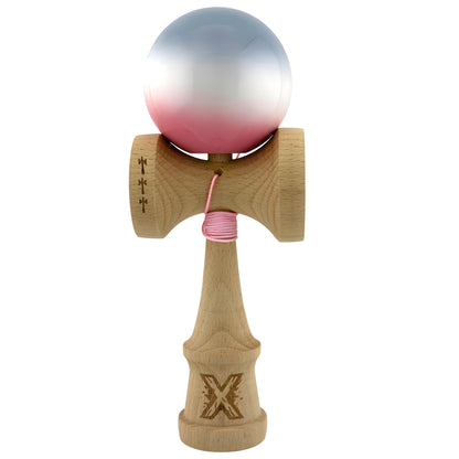 Kendama X Originala, Profesionala, Klevo, Big Cups V2, Super Sticky Cupe Mari, Rulment Metalic cu Ata 55 cm, Gradient Roz/Alb/Gri