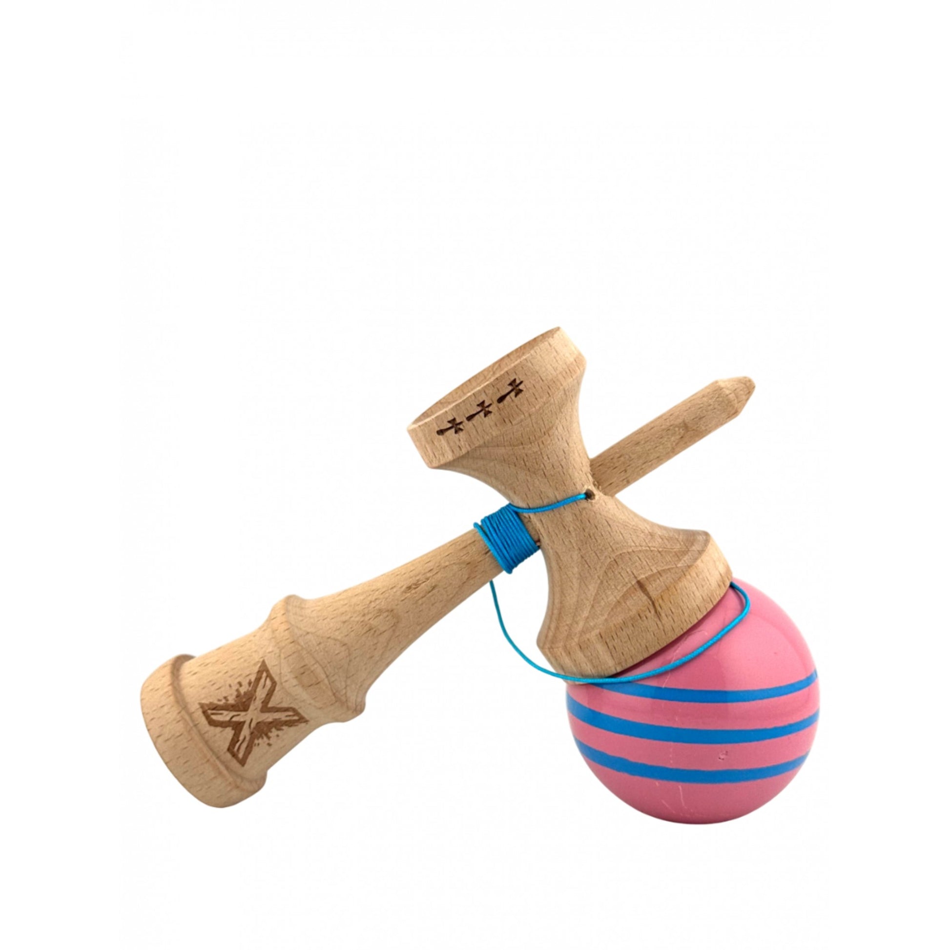Kendama X Originala, Profesionala, Klevo, Big Cups V2, Super Sticky Legendary Cupe Mari, Rulment Metalic cu Ata 55 cm, Roz/Linii Albastre deschise