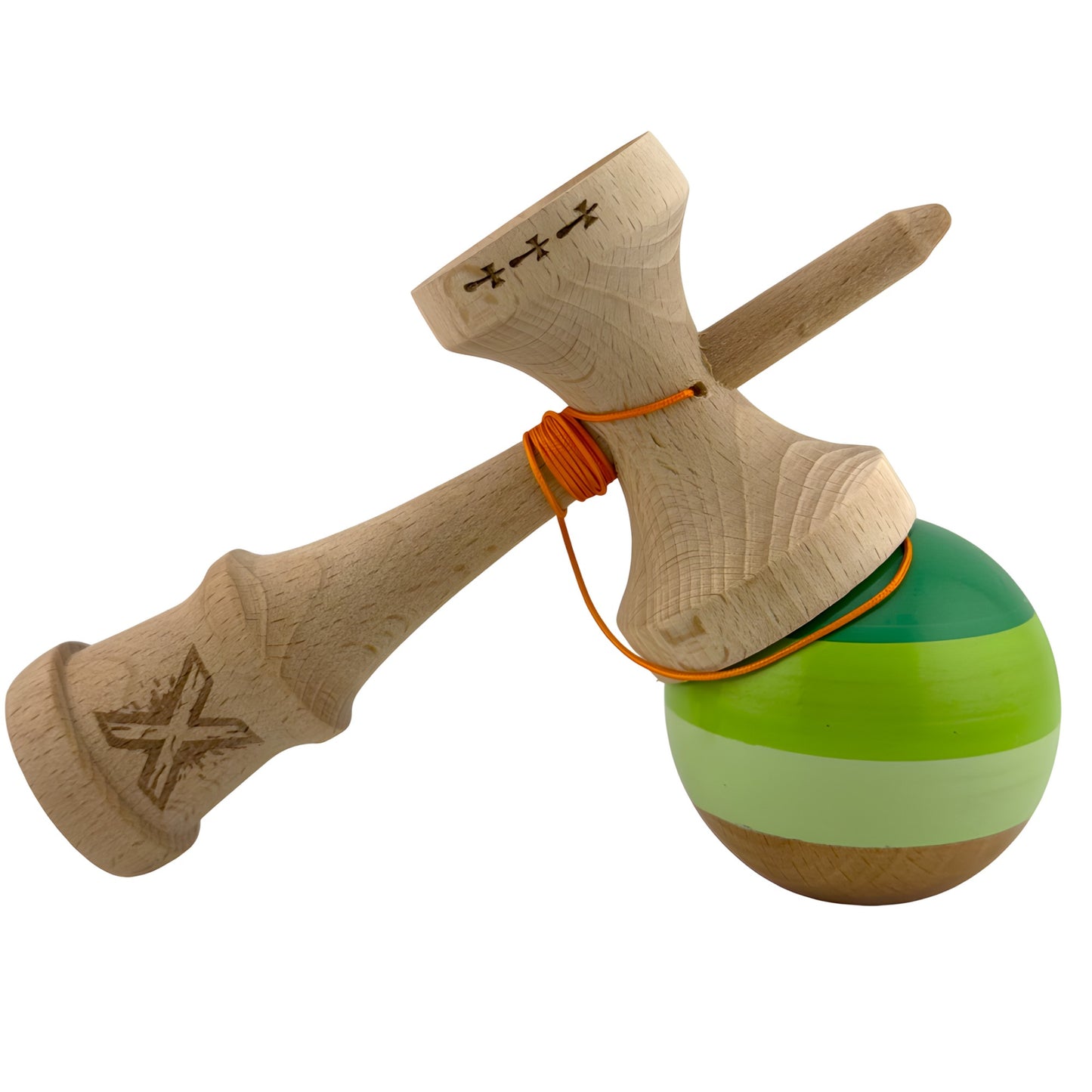 Kendama X Originala, Profesionala, Klevo, Big Cups V2, Super Sticky Legendary Cupe Mari, Rulment Metalic cu Ata 55 cm, Verde Mix