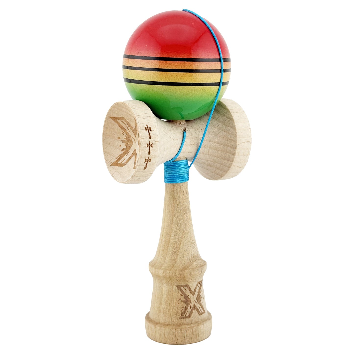 Kendama X Originala, Profesionala, Klevo, Big Cups V2, Super Sticky Legendary Cupe Mari, Rulment Metalic cu Ata 55 cm, Rosu/Galben/Verde