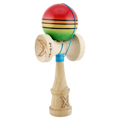 Kendama X Originala, Profesionala, Klevo, Big Cups V2, Super Sticky Legendary Cupe Mari, Rulment Metalic cu Ata 55 cm, Rosu/Galben/Verde