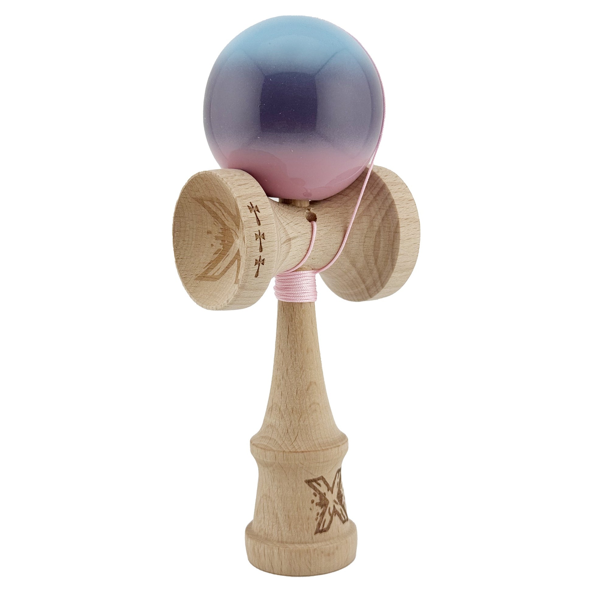Kendama X Originala, Profesionala, Klevo, Big Cups V2, Super Sticky cu Cupe Mari, din lemn 18 cm, Rulment Metalic cu Ata 55 cm, Albastru/Mov/Roz