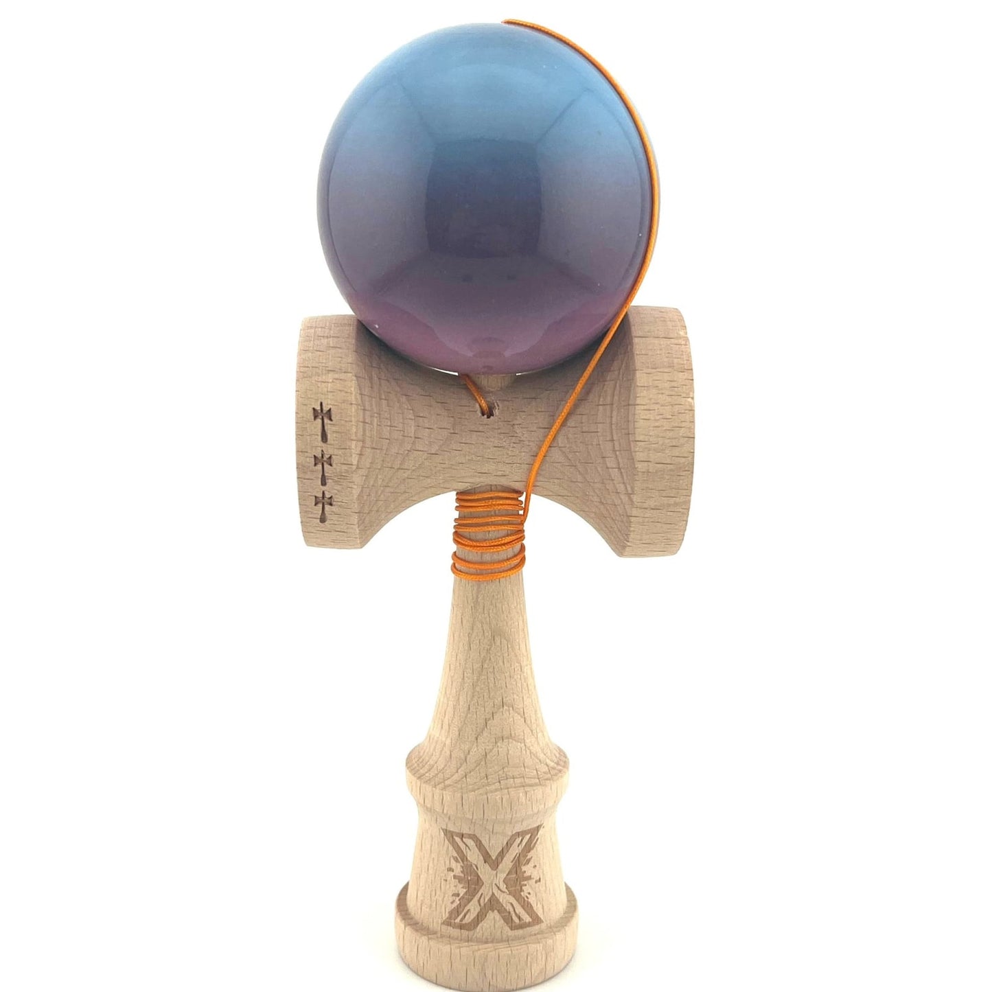Kendama X Originala, Profesionala, Klevo, Big Cups V2, Super Sticky cu Cupe Mari, din lemn 18 cm, Rulment Metalic cu Ata 55 cm, Albastru/Mov/Roz