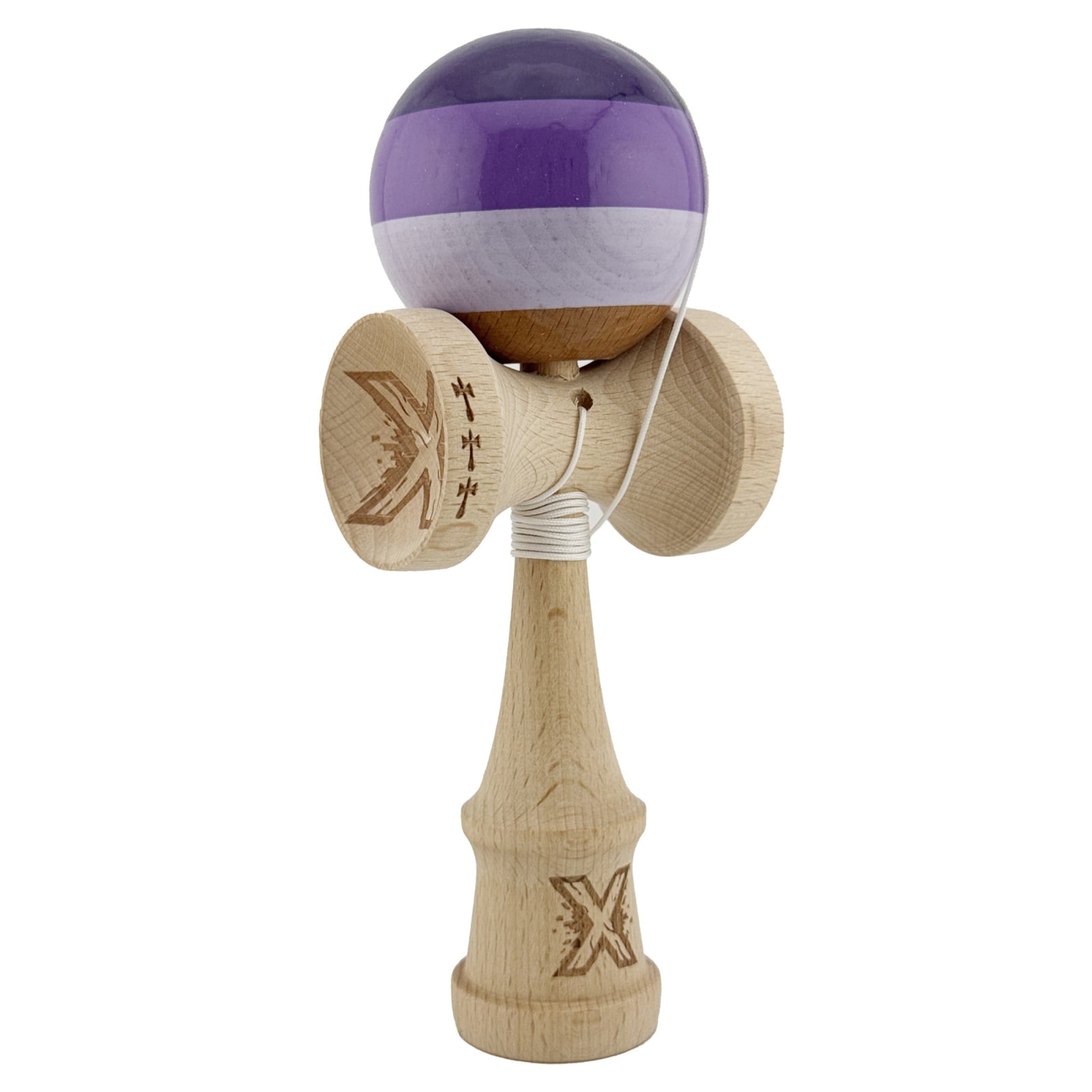 Kendama X Originala, Profesionala, Klevo, Big Cups V2, Super Sticky Legendary Cupe Mari, Rulment Metalic cu Ata 55 cm, Purpuriu/Mov/Lila