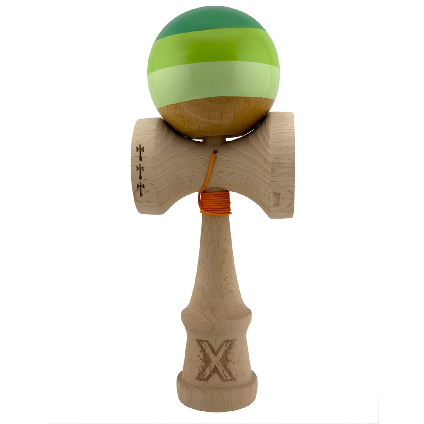 Kendama X Originala, Profesionala, Klevo, Big Cups V2, Super Sticky Legendary Cupe Mari, Rulment Metalic cu Ata 55 cm, Verde Mix