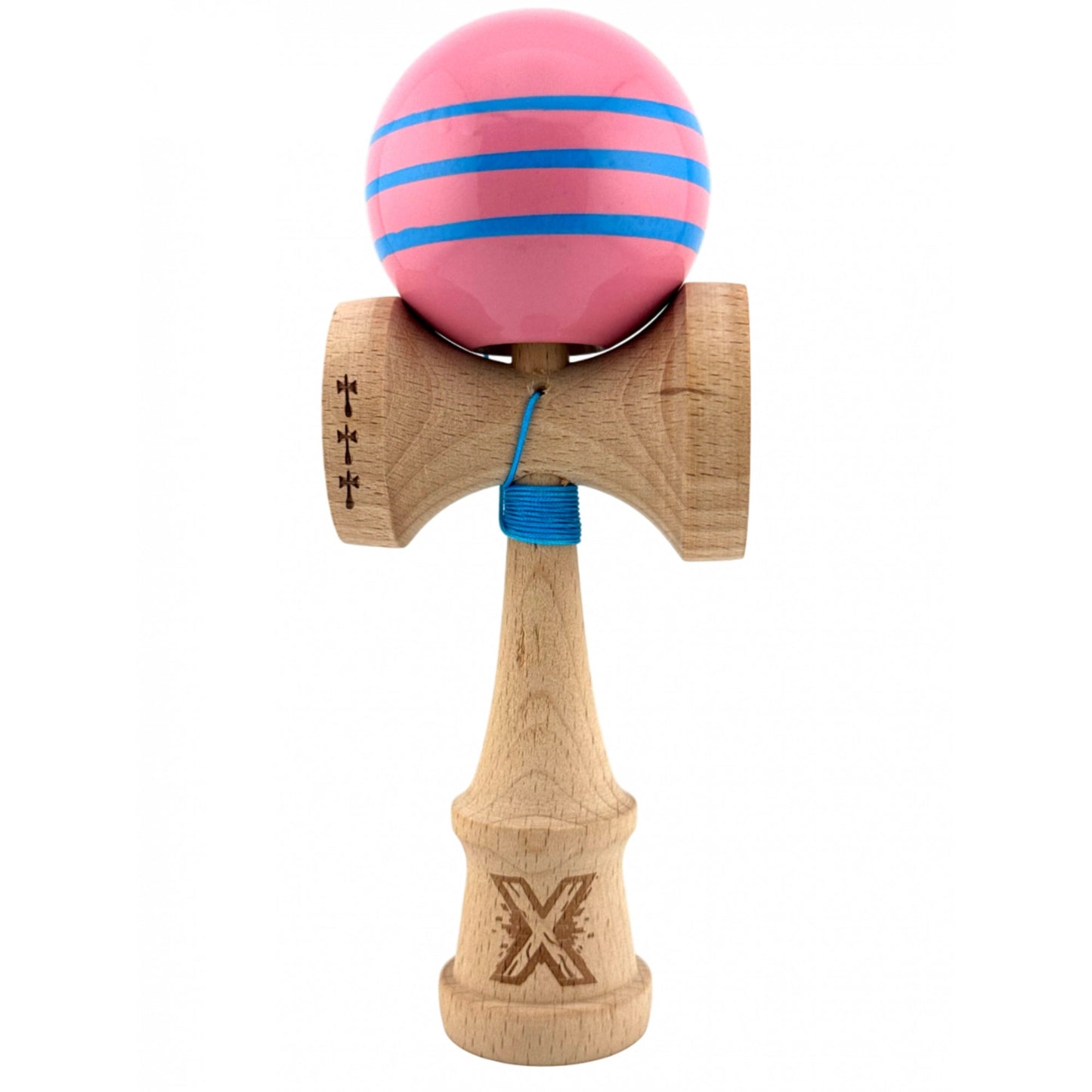 Kendama X Originala, Profesionala, Klevo, Big Cups V2, Super Sticky Legendary Cupe Mari, Rulment Metalic cu Ata 55 cm, Roz/Linii Albastre deschise