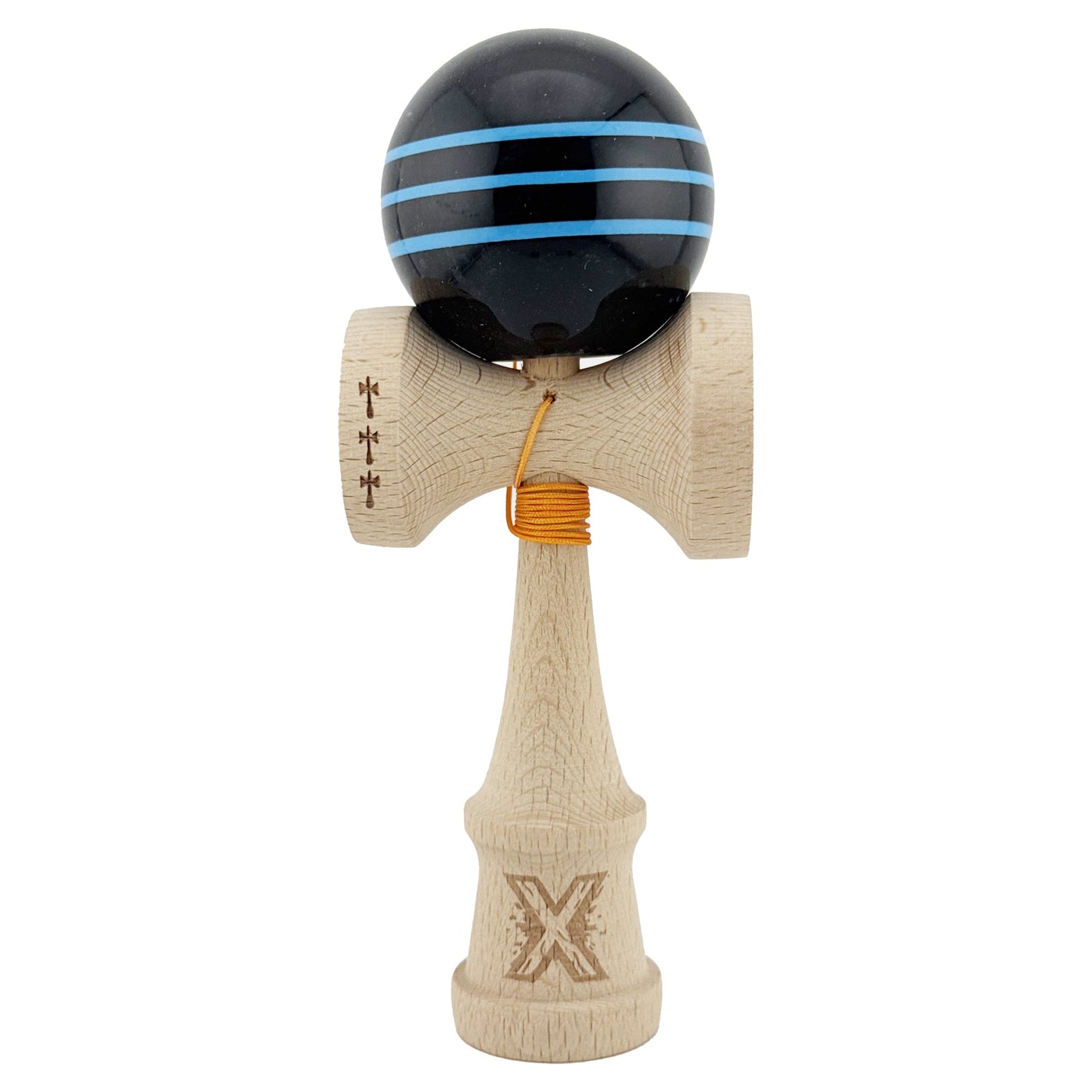 Kendama X Originala, Profesionala, Klevo, Big Cups V2, Super Sticky Legendary Cupe Mari, Rulment Metalic cu Ata 55 cm, Negru/Linii Albastre deschise