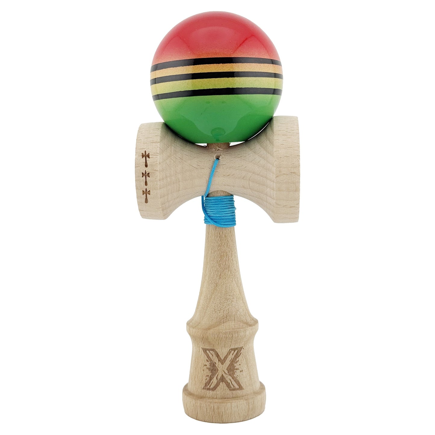 Kendama X Originala, Profesionala, Klevo, Big Cups V2, Super Sticky Legendary Cupe Mari, Rulment Metalic cu Ata 55 cm, Rosu/Galben/Verde