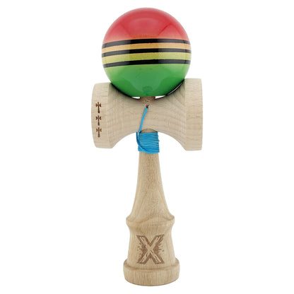 Kendama X Originala, Profesionala, Klevo, Big Cups V2, Super Sticky Legendary Cupe Mari, Rulment Metalic cu Ata 55 cm, Rosu/Galben/Verde