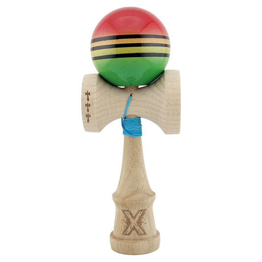 Kendama X Originala, Profesionala, Klevo, Big Cups V2, Super Sticky Legendary Cupe Mari, Rulment Metalic cu Ata 55 cm, Rosu/Galben/Verde