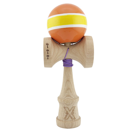 Kendama X Originala, Profesionala, Klevo, Big Cups V2, Super Sticky Legendary Cupe Mari, Rulment Metalic cu Ata 55 cm, Portocaliu/Galben/Alb