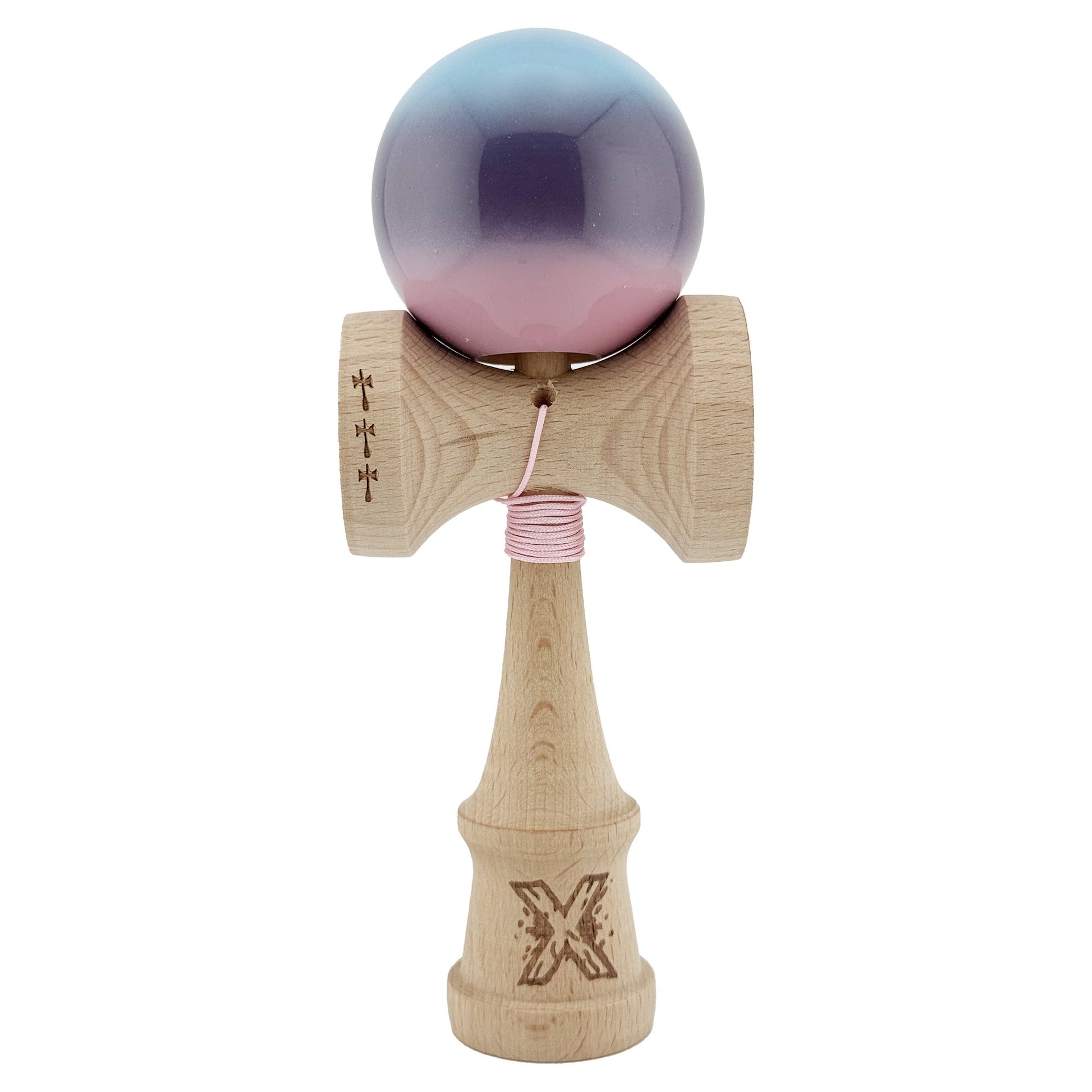 Kendama X Originala, Profesionala, Klevo, Big Cups V2, Super Sticky cu Cupe Mari, din lemn 18 cm, Rulment Metalic cu Ata 55 cm, Albastru/Mov/Roz
