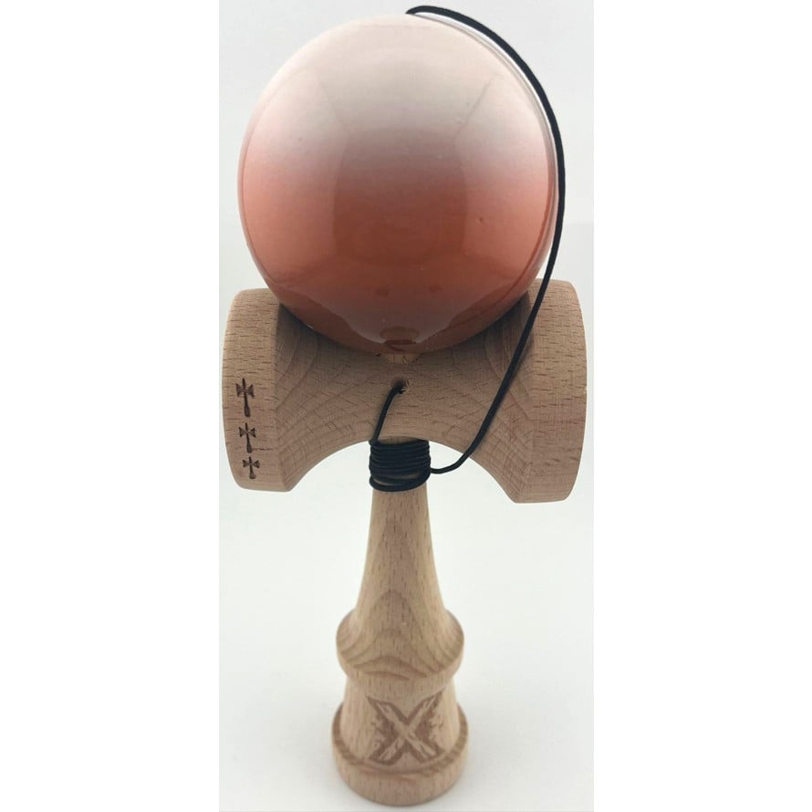 Kendama X Originala, Profesionala, Klevo, Big Cups V2, Super Sticky cu Cupe Mari, din lemn 18 cm, Rulment Metalic cu Ata 55 cm, Alb/Maro