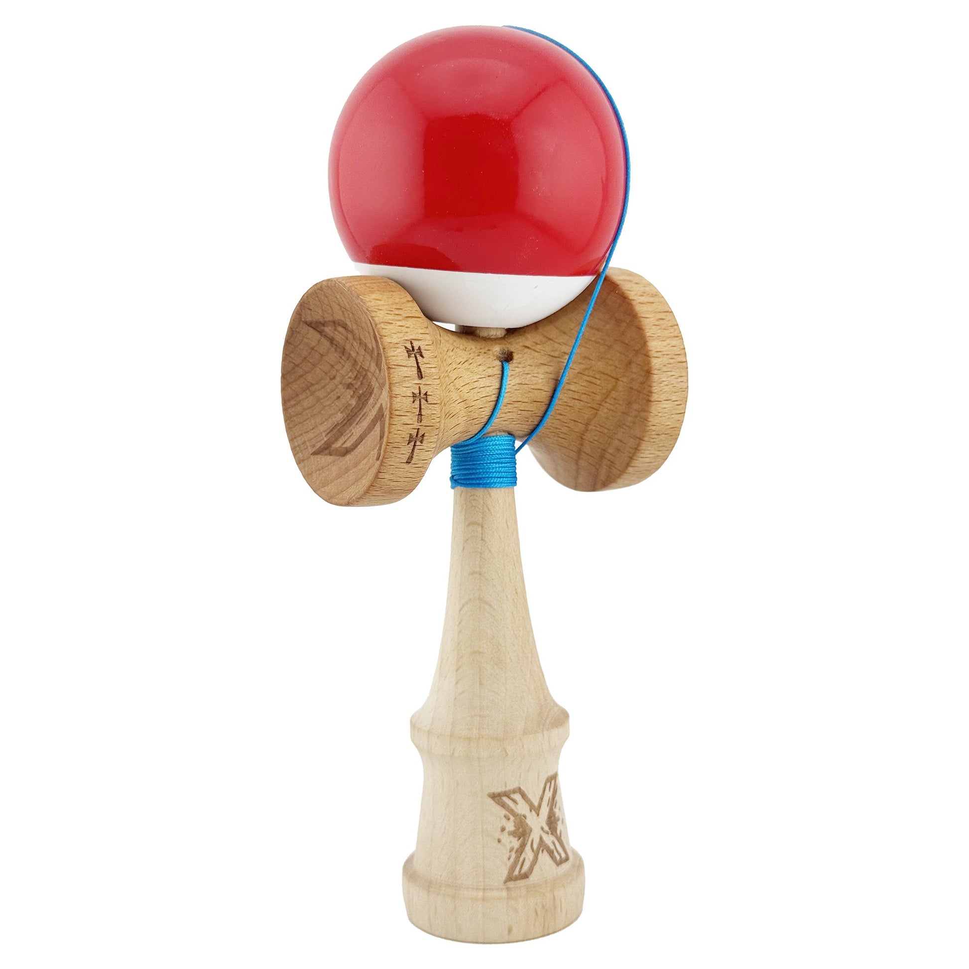 Kendama X Originala, Profesionala, Klevo, Big Cups V2, Super Sticky cu Cupe Mari, din lemn 18 cm, Rulment Metalic cu Ata 55 cm, Rosu/Alb