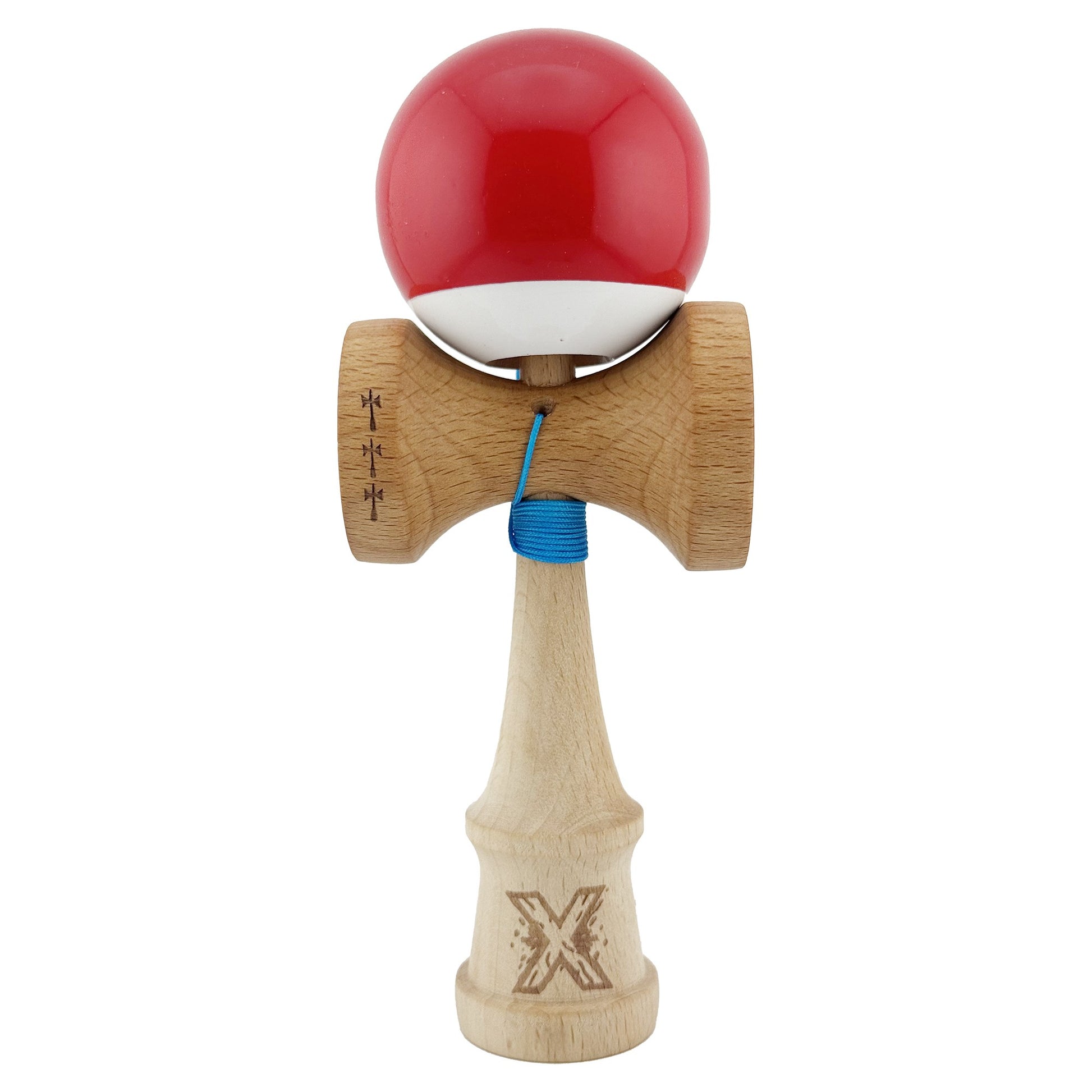 Kendama X Originala, Profesionala, Klevo, Big Cups V2, Super Sticky cu Cupe Mari, din lemn 18 cm, Rulment Metalic cu Ata 55 cm, Rosu/Alb