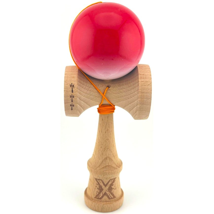 Kendama X Originala, Profesionala, Klevo, Big Cups V2, Super Sticky cu Cupe Mari, din lemn 18 cm, Rulment Metalic cu Ata 55 cm, Gradient Rosu/Alb
