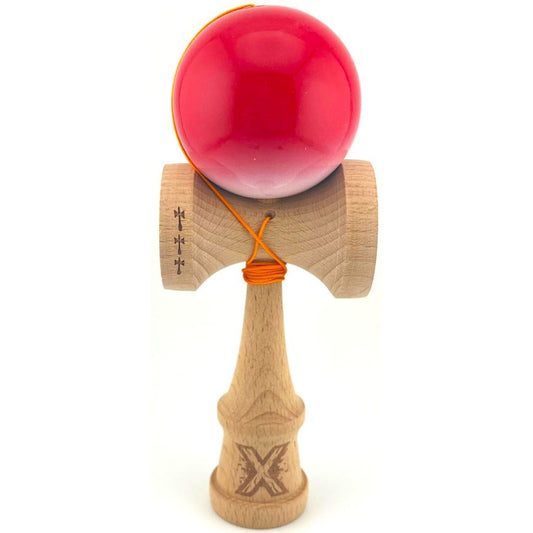 Kendama X Originala, Profesionala, Klevo, Big Cups V2, Super Sticky cu Cupe Mari, din lemn 18 cm, Rulment Metalic cu Ata 55 cm, Gradient Rosu/Alb