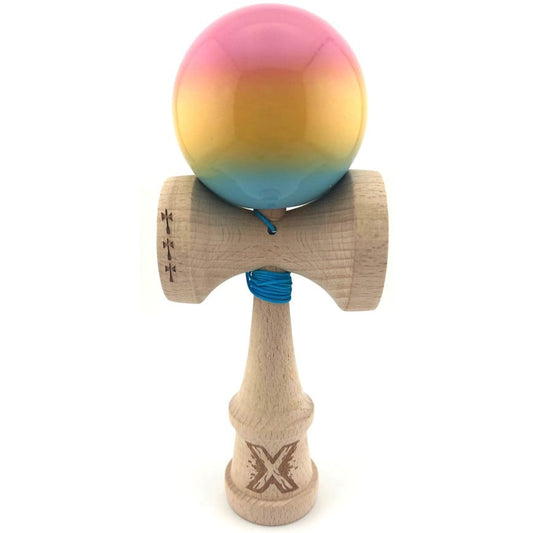 Kendama X Originala, Profesionala, Klevo, Big Cups V2, Super Sticky cu Cupe Mari, din lemn 18 cm, Rulment Metalic cu Ata 55 cm, Roz/Galben/Albastru