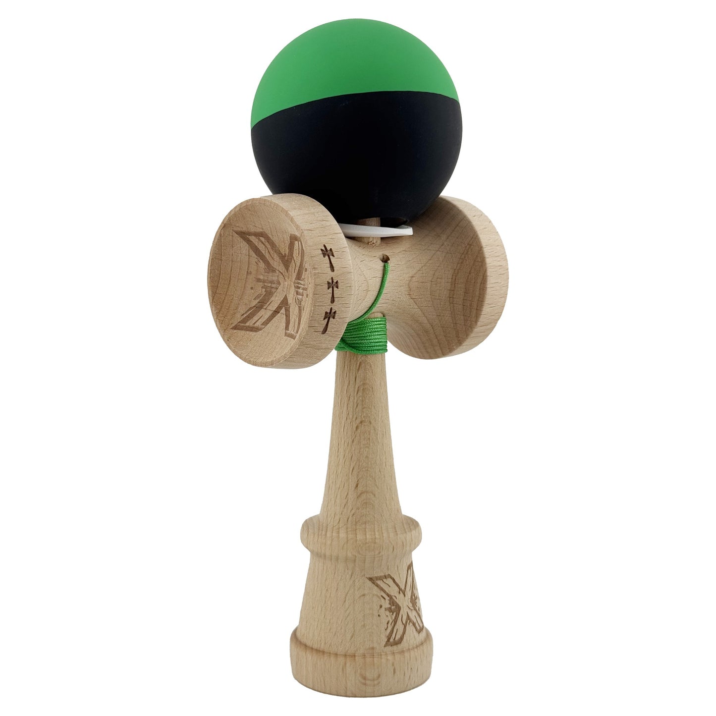 Kendama X Originala, Profesionala, Klevo, Cupe Mari KING SIZE V3, Rubber Grip, Gaura in Baza, Rulment Metalic, din lemn 18 cm, Ata 62/65 cm, Bicolor Verde/Negru