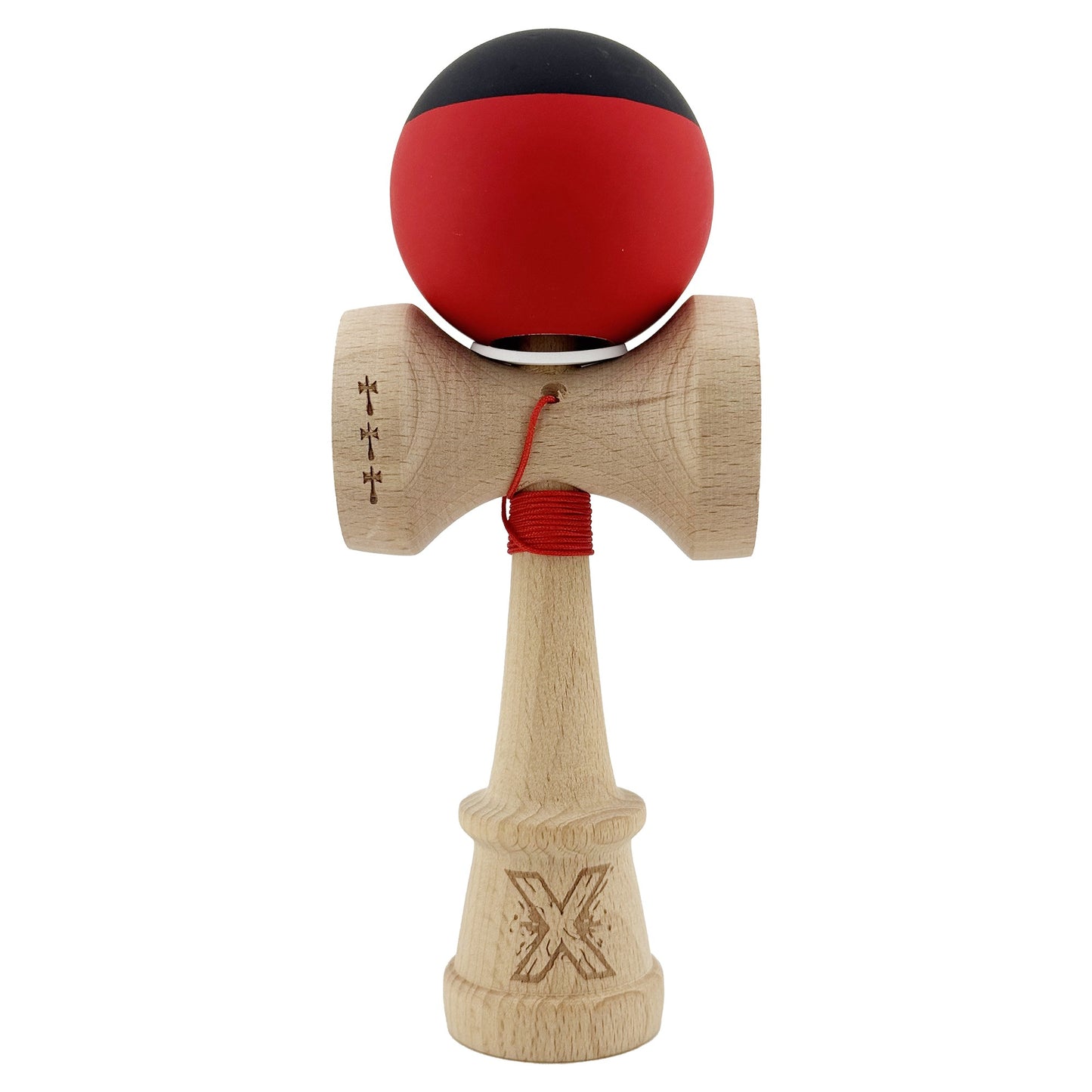 Kendama X Originala, Profesionala, Klevo, Cupe Mari KING SIZE V3, Rubber Grip, Gaura in Baza, Rulment Metalic, din lemn 18 cm, Ata 62/65 cm, Bicolor Negru/Rosu