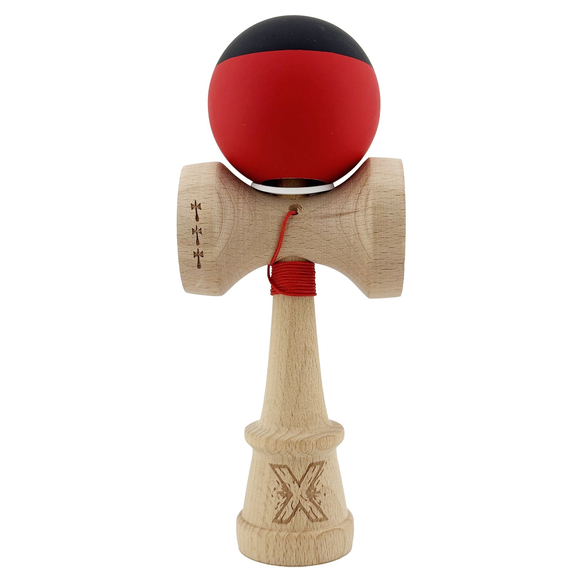 Kendama X Originala, Profesionala, Klevo, Cupe Mari KING SIZE V3, Rubber Grip, Gaura in Baza, Rulment Metalic, din lemn 18 cm, Ata 62/65 cm, Bicolor Negru/Rosu