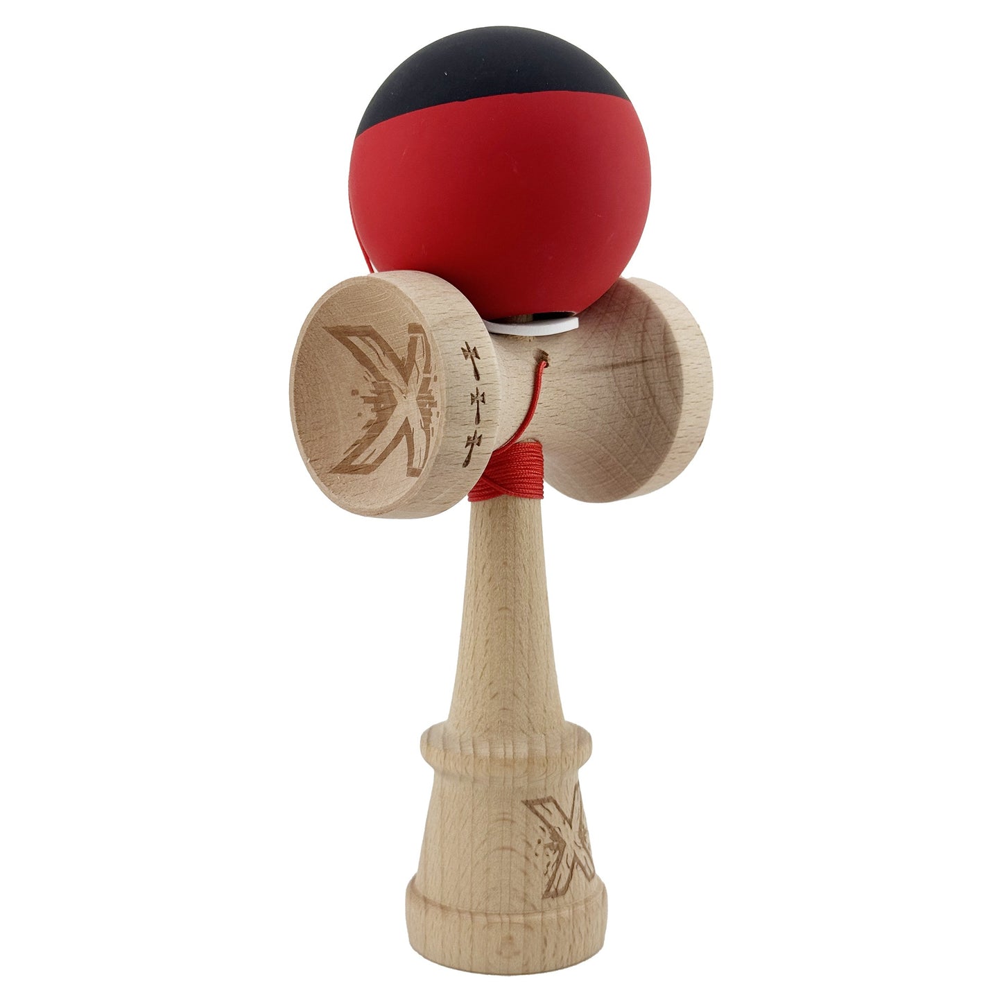 Kendama X Originala, Profesionala, Klevo, Cupe Mari KING SIZE V3, Rubber Grip, Gaura in Baza, Rulment Metalic, din lemn 18 cm, Ata 62/65 cm, Bicolor Negru/Rosu