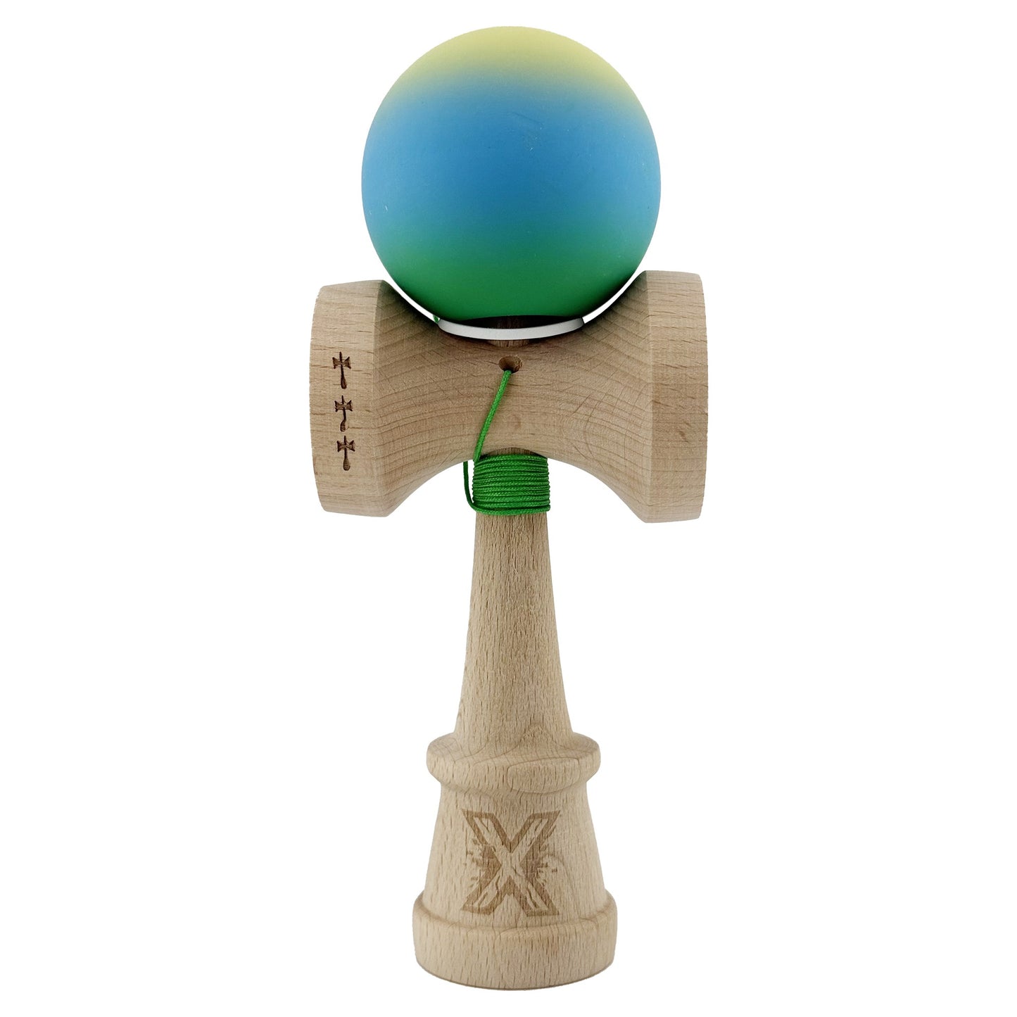 Kendama X Originala, Profesionala, Klevo, Cupe Mari KING SIZE V3, Rubber Grip, Gaura in Baza, Rulment Metalic, din lemn 18 cm, Ata 62/65 cm, Gradient Galben/Albastru/Verde