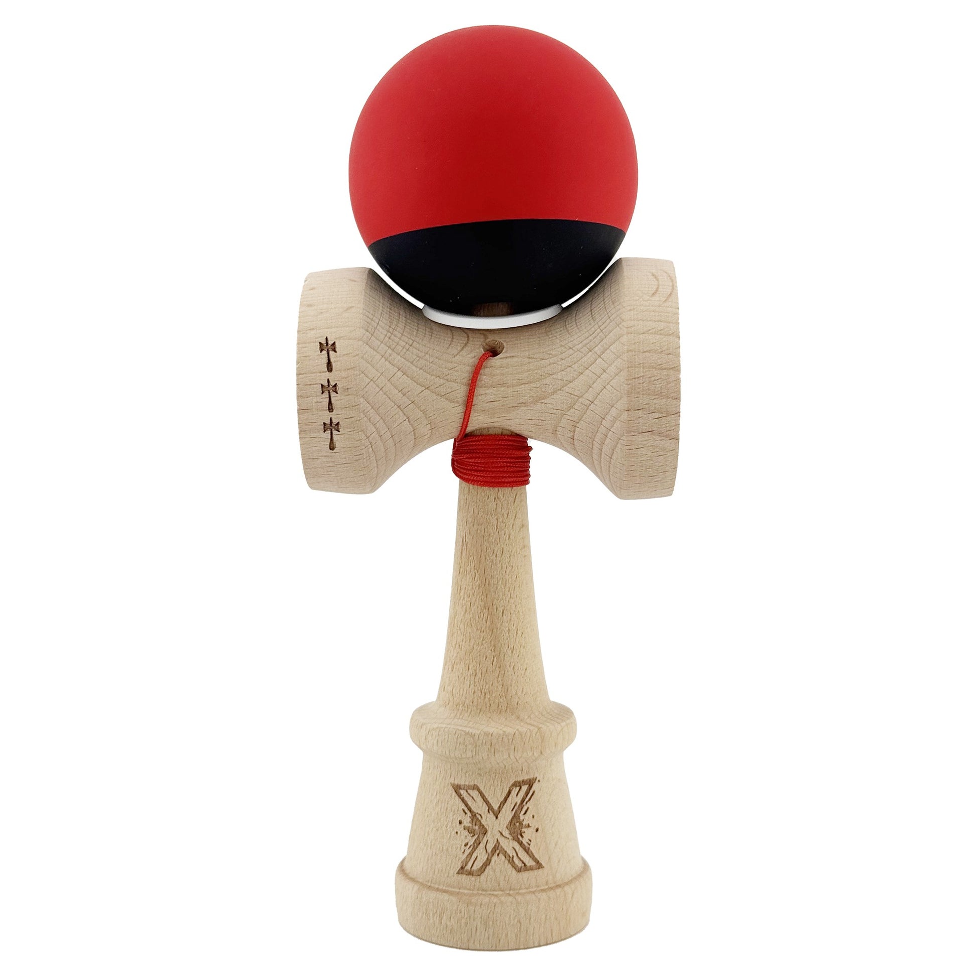 Kendama X Originala, Profesionala, Klevo, Cupe Mari KING SIZE V3, Rubber Grip, Gaura in Baza, Rulment Metalic, din lemn 18 cm, Ata 62/65 cm, Bicolor Rosu/Negru