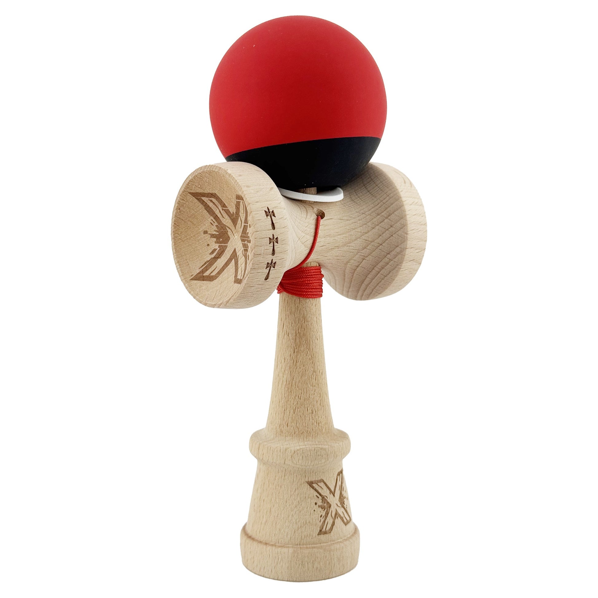 Kendama X Originala, Profesionala, Klevo, Cupe Mari KING SIZE V3, Rubber Grip, Gaura in Baza, Rulment Metalic, din lemn 18 cm, Ata 62/65 cm, Bicolor Rosu/Negru